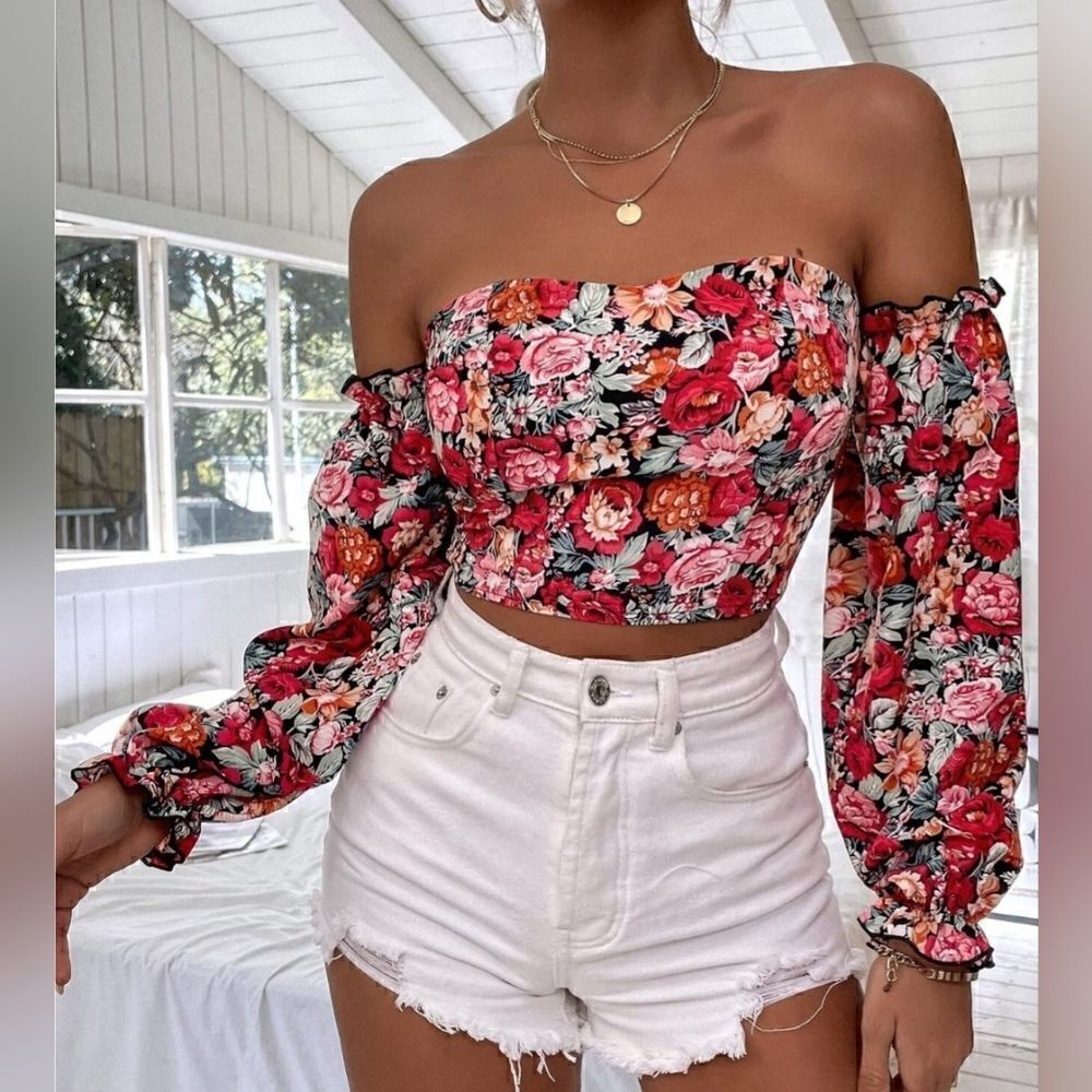 All Over Print Floral Off The Shoulder Shirred Top